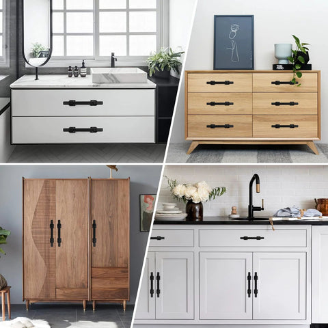10 Pack 3 Inch Matte Black Cabinet Pulls With Solid Steel Construction And Zinc Alloy Base installed on various cabinets and drawers