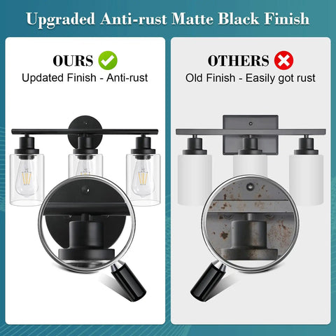 Comparison of modern 3 light vanity light fixture in black with clear glass shades and an old rusted finish.