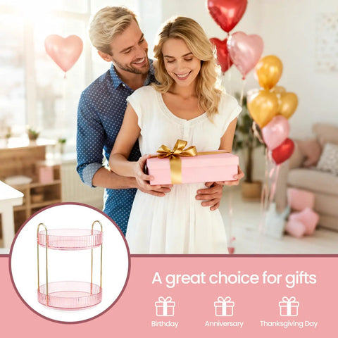 Couple smiling with a pink gift, showcasing the Total Game Changer, 360 Rotation Makeup Organizer for Vanity Desk.