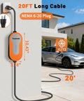 Road Ready Portable Ev Charger Level 1 And 2 With 20 Foot Cord 16 Amp J1772 Plug mounted on wall with charging cable to car.