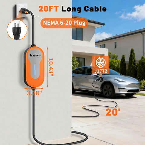 Road Ready Portable Ev Charger Level 1 And 2 With 20 Foot Cord 16 Amp J1772 Plug mounted on wall with charging cable to car.