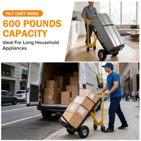 3-in-1 Convertible Hand Truck Dolly Cart with 10-Inch Pneumatic Wheels moving appliance and boxes in tilt mode