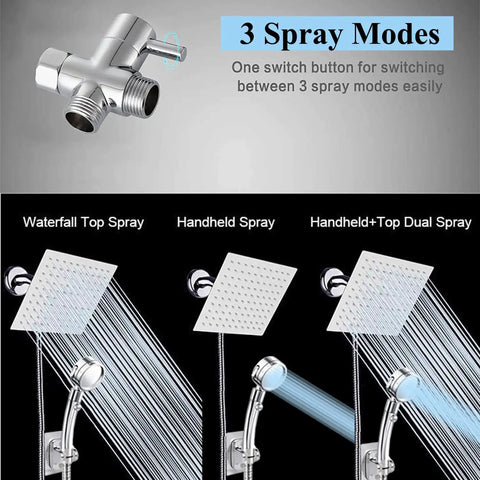 Diagram showing 8 Inch High Pressure Rainfall Shower Head Set With Stainless Steel Finish Three Spray Settings Handheld On Off Shower 87 Inch Hose Three Way Diverter Holder And No Fuss Installation in three spray modes.
