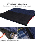 Cozy 3 Season Sleeping Bag For Camping And Backpacking 75x33 Inches Navy Blue with two-way zipper and plaid lining details.