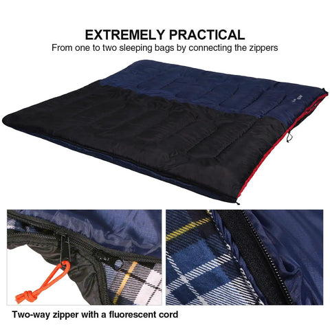 Cozy 3 Season Sleeping Bag For Camping And Backpacking 75x33 Inches Navy Blue with two-way zipper and plaid lining details.