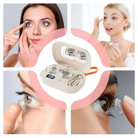 Ultrasonic Contact Lens Cleaner Machine For Home And On The Go Portable Electric Lens Cleaner shown with contacts and eye application
