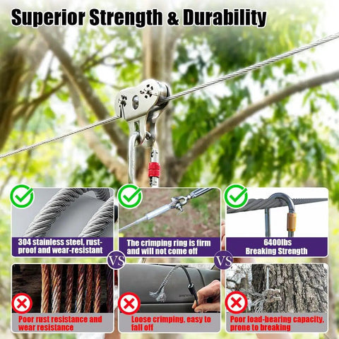 Heavy Duty 1/4 Inch Stainless Steel Cable 50ft With Wire Rope Clamps And Thimble, 6400 Lbs Breaking Strength, 7x19 Aircraft Cable