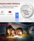 Rock Solid 6 Pack Hardwired Interconnected Smoke Alarms Featuring Photoelectric Sensing No Sweat Setup showing replaceable 9V battery and family reading.
