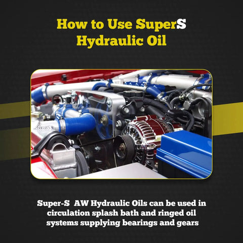 Engine components showcasing circulation splash bath use for Super-S AW Hydraulic Oils, with blue and metallic parts visible