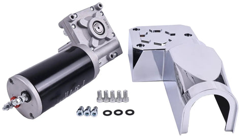 Professional Grade 1.5HP 900W 12V DC Tarp Motor Kit with chrome plated gearbox and mounting bracket.