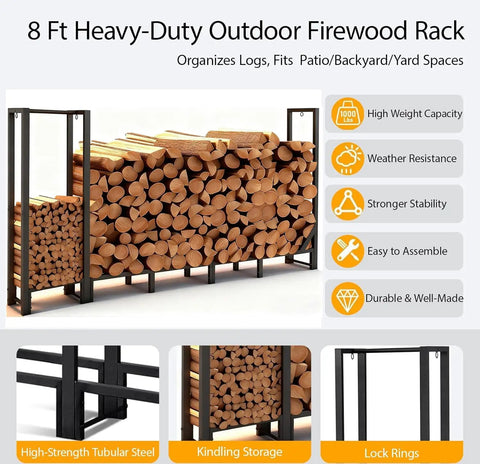 Beefy 8Ft Firewood Rack With Heavy Duty Metal Frame And Built In Kindling Storage For Indoor And Outdoor Use, loaded with wood