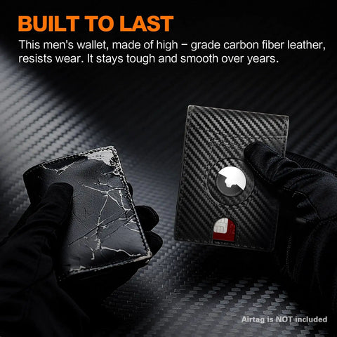 Hands holding Ultra Slim RFID Blocking Bifold Wallet For Men with Carbon Fiber Look, durable leather style, AirTag slot visible.