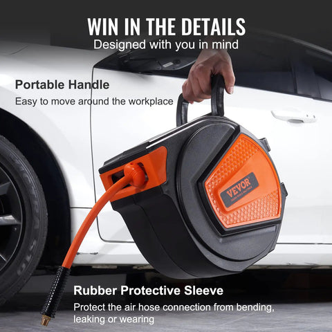 Side view of Retractable Air Hose Reel With Three Eighths Inch By Fifty Foot Hybrid Hose Up To 300 PSI For All Your Air Tools, showing handle and rubber sleeve.