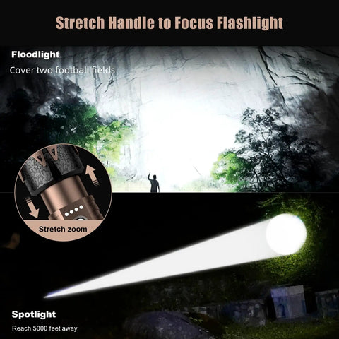 Rechargeable Tactical Flashlight With Ignition Lens, 5000 Lumen Beast Brightness demonstrating floodlight and spotlight modes.
