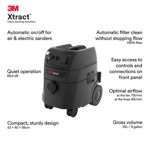 Xtract 9 Gallon Portable Dust Extractor Pro Grade Industrial Vacuum With Auto Filter Clean HEPA Filtration, front view.