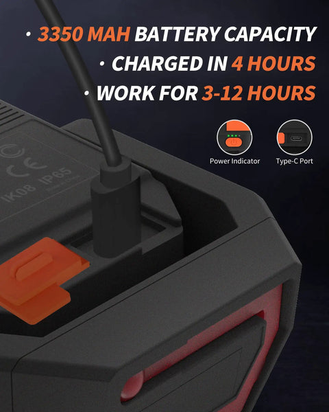 Magnetic Rechargeable 1200 Lumen Work Light battery with 3350mAh capacity, USB-C port, and IP65 rating for 3-12 hours use
