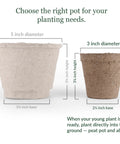 Comparison of 5-inch and 3-inch Awesome Biodegradable 3-Inch Peat Pots for Super Easy Organic Seed Starting with Dimensions Shown
