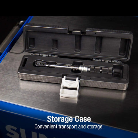 Quarter Inch Drive 60 Tooth Torque Wrench with 10 To 50 Inch Pounds in open storage case showing knurled handle and ratchet.