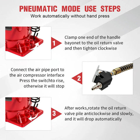 Instructions showing pneumatic mode steps for 20 Ton Air Hydraulic Bottle Jack With 10.2 To 20.1 Inch Lift Range Dual Mode Pneumatic And Hydraulic Heavy Duty Bottle Jack For Pickup Trucks RVs Auto Repair With Manual Hand Pump.