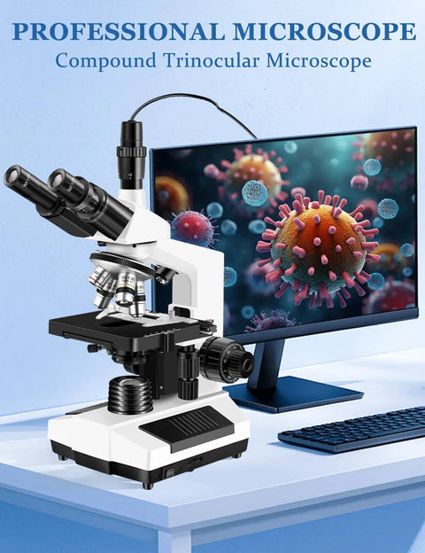 All In One Binocular Compound Microscope Kit For Kids And Grownups With WF10x And WF25x Eyepieces alongside a computer screen