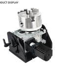Built Tough Cnc 4Th Axis Rotary Table With Rock Solid 98Mm Center Height And No Fuss Speed Control Box Plus Heavy Duty 10To1 Reduction 3Jaw 80Mm Chuck Setup For Flawless Engraving And Marking Projects, detailed view showing aluminum chuck and motor.