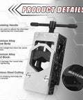 Product details of Adjustable Bike Saw Guide for Forks, Steerers, Seat Posts and Tubes with regulating handle and aluminum alloy body.