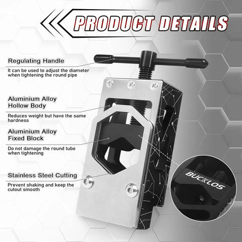 Product details of Adjustable Bike Saw Guide for Forks, Steerers, Seat Posts and Tubes with regulating handle and aluminum alloy body.