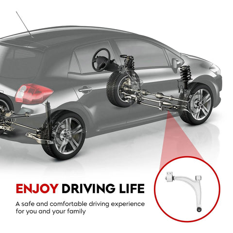 Side view of a car with front lower control arm suspension kit; inset close-up of a silver control arm.