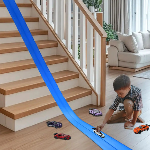 Child playing with Flexible Race Car Ramp Track Set 15 Ft Starter Kit Dual Sided Racetrack For 1 To 64 Scale Diecast Cars in blue indoors