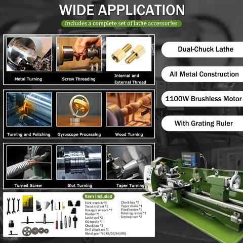 Shop Grade Benchtop Metal Lathe With Dual Chucks For Long Shafts Tubes 1100W Brushless Motor Variable Speed shown with lathe accessories.
