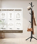 Wooden Tree Coat Rack Stand With Eight Hooks, freestanding in room, hat and bag hanging, sturdy pine wood, adjustable height