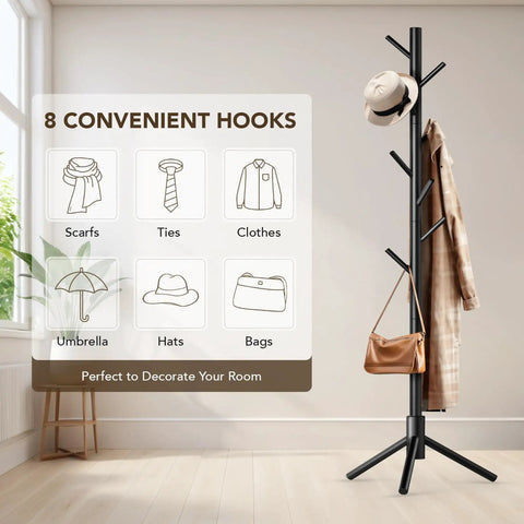 Wooden Tree Coat Rack Stand With Eight Hooks, freestanding in room, hat and bag hanging, sturdy pine wood, adjustable height