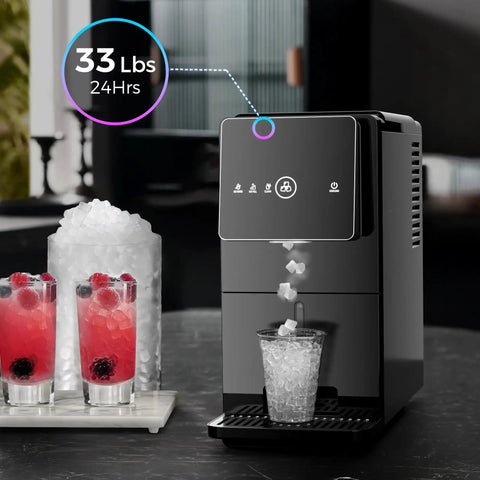 Chewable Nugget Ice Maker For Home And Office, 33 Lbs Per Day, next to glasses of ice-filled drinks, on a kitchen counter.