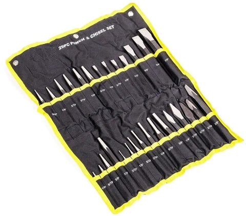Automotive 29 Piece Chisel Set And Punch Tool Kit For Metalworking with roll-up pouch, displayed open with tools visible.