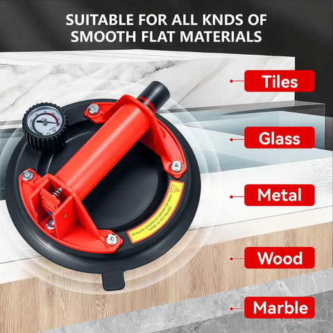 Front view: two 8-inch heavy-duty suction cups with red lever and gauge for lifting glass, tiles, metal, wood, marble.