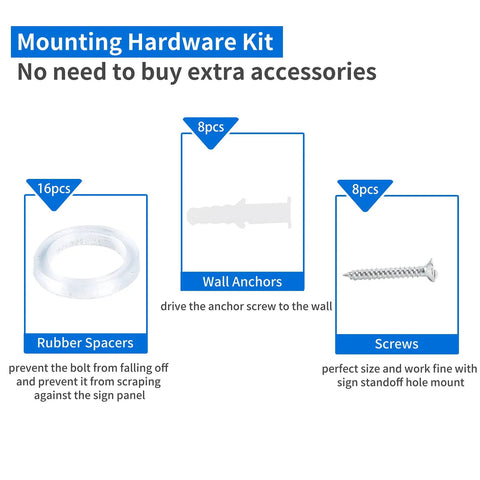 Top Tier Eight Pack Standoff Mounts Three Quarter By One Inch Brushed Stainless Steel Wall Brackets kit with screws, anchors, rubber spacers.