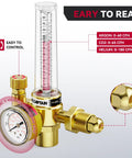 Front view of ARCCAPTAIN gas regulator with vertical flowmeter and pressure gauge; brass finish.