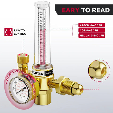 Pro Grade MIG And TIG Gas Regulator With Flow Meter for Argon CO2 Helium Welding 0-4000 PSI Inlet CGA580 easy dial pressure