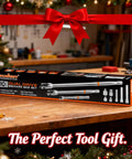 Heavy Duty 10-Piece Dual Drive Breaker Bar Set With 360 Degree Rotatable Head displayed in a holiday-themed workshop setting