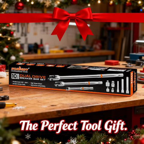 Heavy Duty 10-Piece Dual Drive Breaker Bar Set With 360 Degree Rotatable Head displayed in a holiday-themed workshop setting
