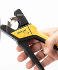 Automatic Wire Stripper For 6 To 16 AWG Cables, Pro Grade Hand Tool With Built Tough Design in use, close-up on yellow handle