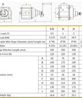 Technical diagram and specifications of Heavy-Duty Hand Winch With Two-Way Self-Locking Brake And Adjustable Handle