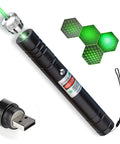 Green Laser Pointer And Tactical Flashlight Set With USB Recharge 2000 Meter Long Range, black aluminum body with star cap.