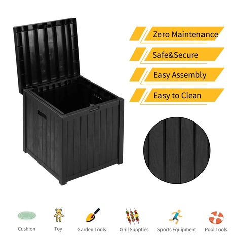 51 Gallon Patio Deck Box With Soft Close Lid, Weather Resistant Outdoor Storage Container, open with labeled features