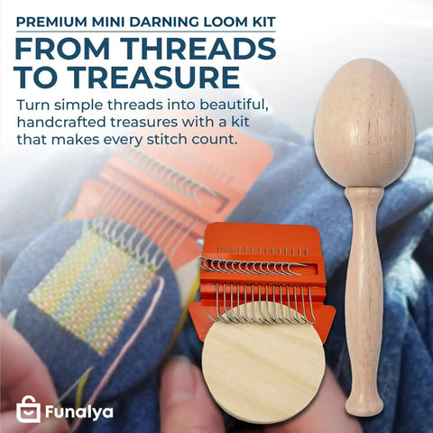 Ultimate Darning Loom Kit With Darning Egg, orange loom tool, polished wood darning egg, textile repair demonstration