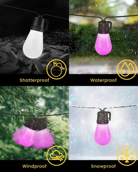 Smart RGB Outdoor String Lights 96ft With Independent Bulb Color Control, Waterproof Shatterproof LED Patio Lights, 30 Scene Modes
