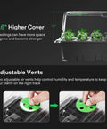 3.6 inch dome cover with seedlings, adjustable vents for 40-Cell Seed Starter Trays Kit With LED Grow Lights, heat mat visible
