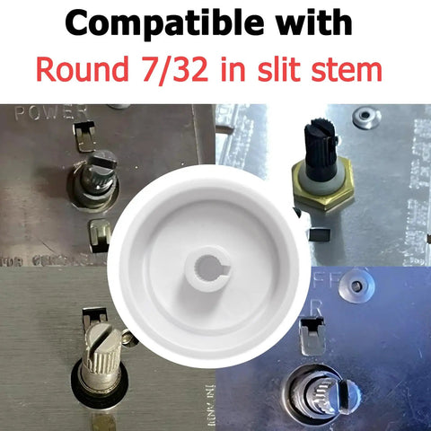 Replacement rotary dimmer knobs showing compatibility with 7/32 inch slit stems for precise fit adjustments on a dimmer switch.