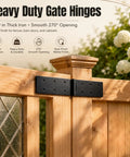 4 Pc Built Like A Tank Heavy Duty Gate Hinges 0.19 Inch Thick Black Iron Butt Hinges installed on wooden fence.