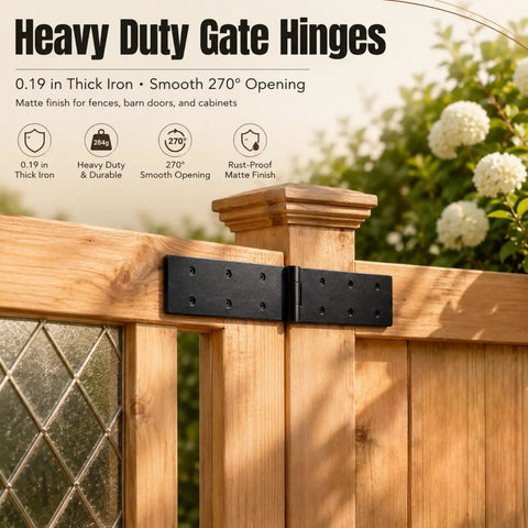 4 Pc Built Like A Tank Heavy Duty Gate Hinges 0.19 Inch Thick Black Iron Butt Hinges installed on wooden fence.
